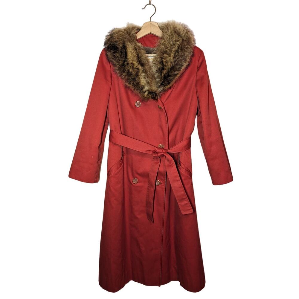 Vintage 1950's Red Trench Coat with Fur Trim Collar
